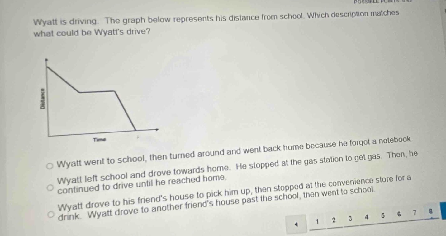 wyatt is driving. the graph below represents his distance from school. …
