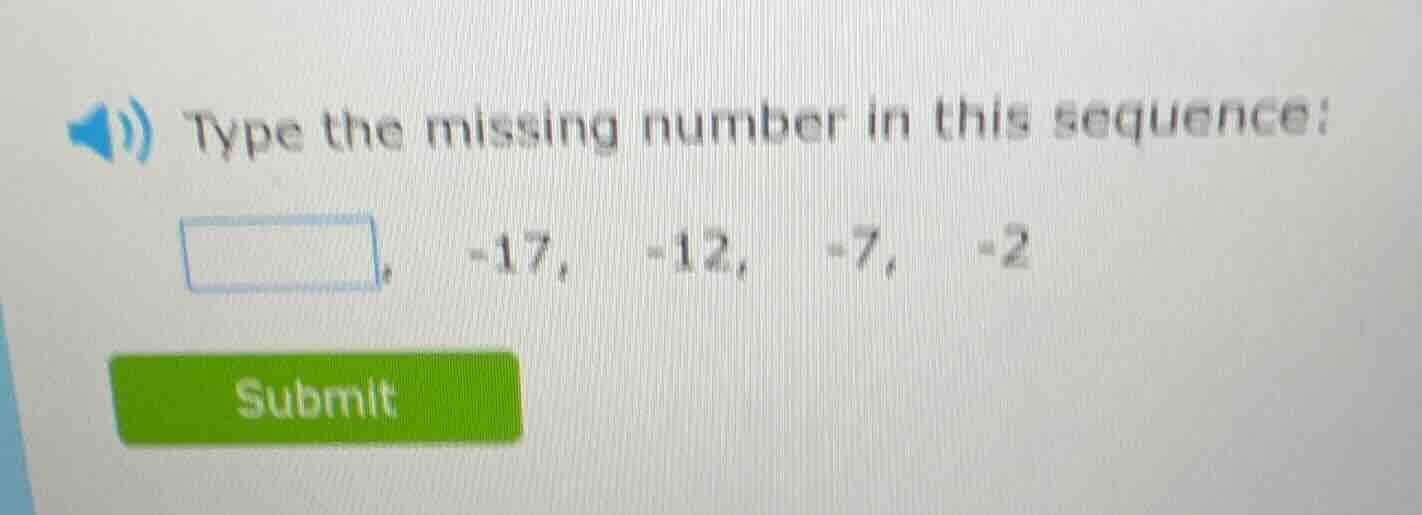 type the missing number in this sequence: □, -17, -12, -7, -2 submit