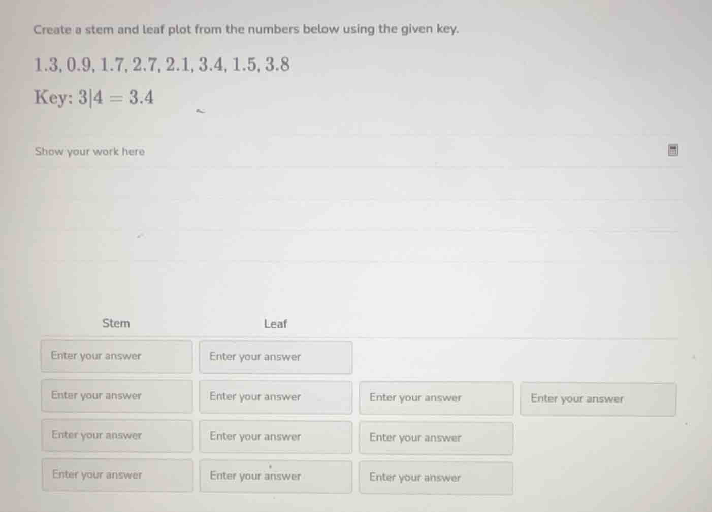 create a stem and leaf plot from the numbers below using the given key.…