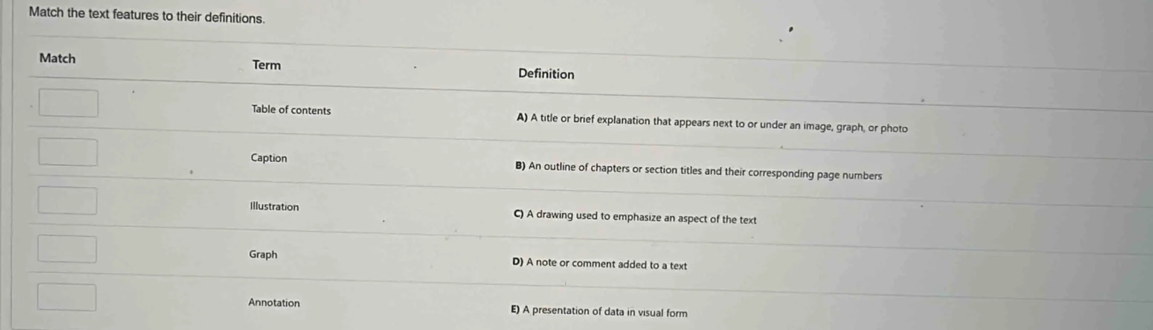 match the text features to their definitions. match term definition tab…
