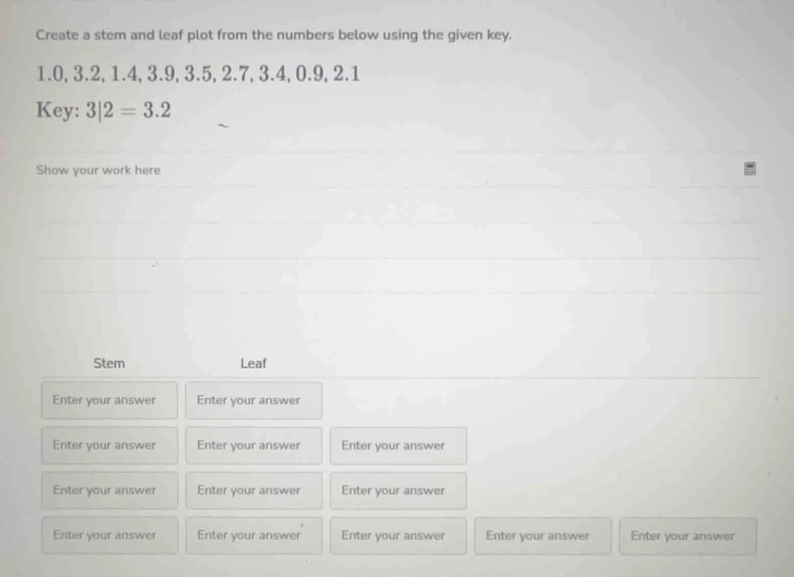 create a stem and leaf plot from the numbers below using the given key.…