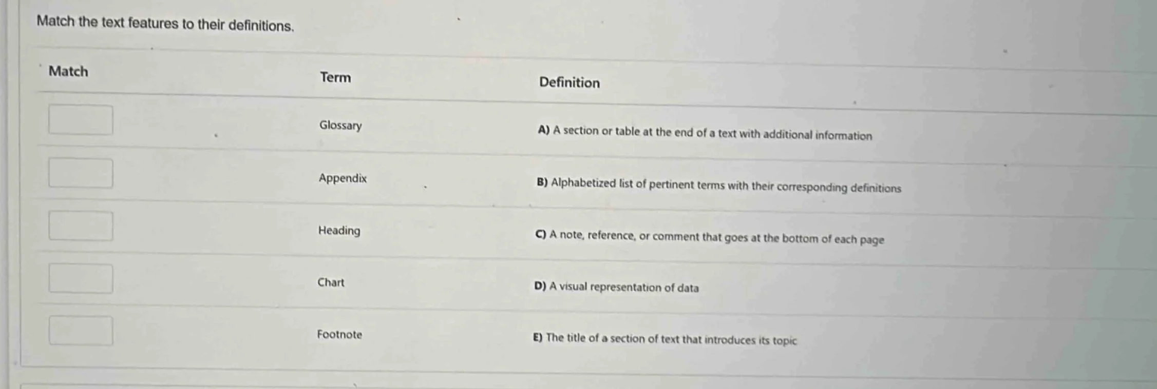 match the text features to their definitions. match\tterm\tdefinition \…