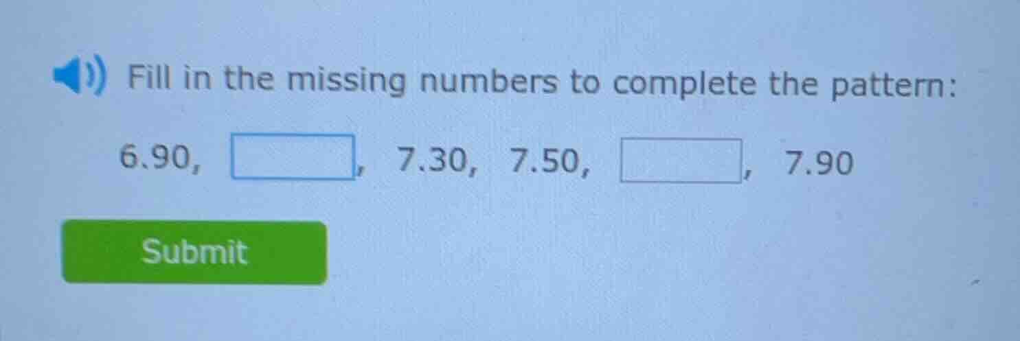 fill in the missing numbers to complete the pattern: 6.90, , 7.30, 7.50…