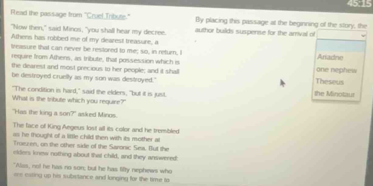 read the passage from \cruel tribute.\ ow then,\ said minos, \you shall…