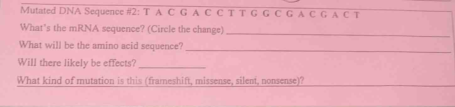 mutated dna sequence #2: t a c g a c c t t g g c g a c g a c t whats th…