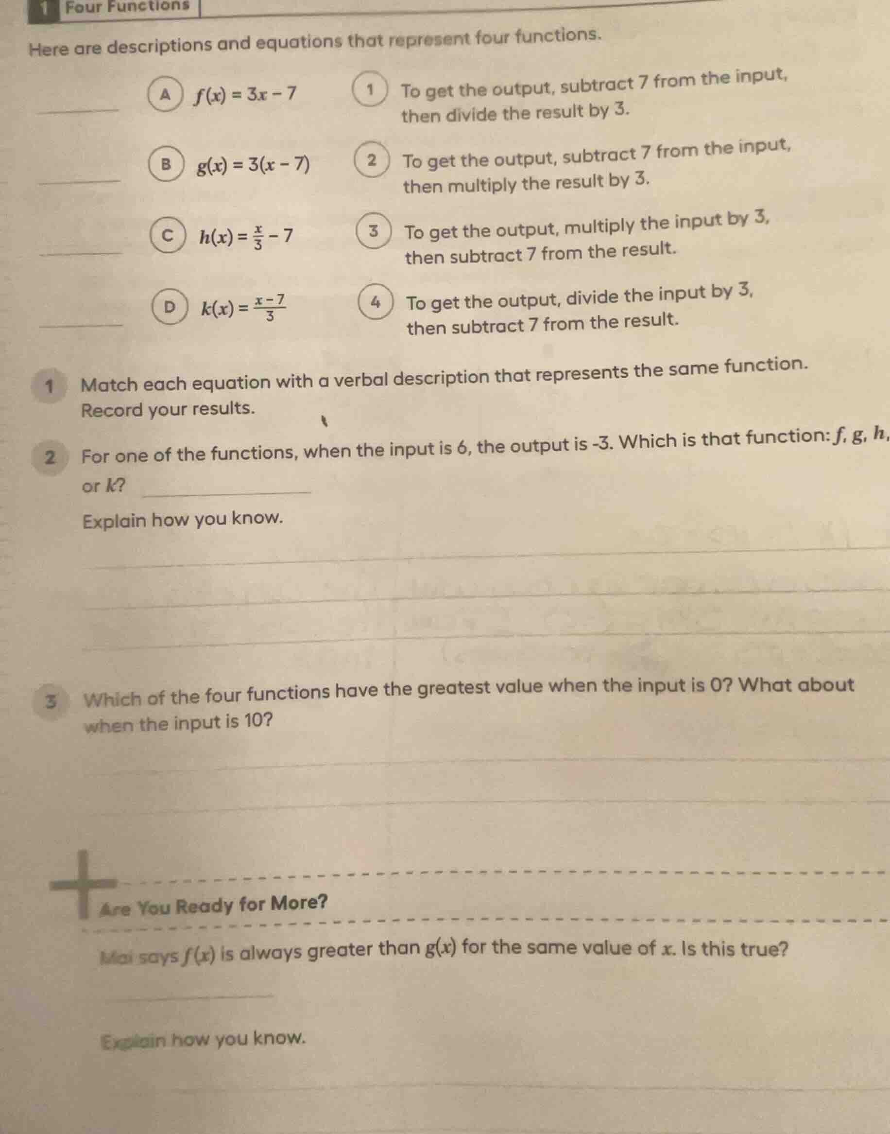 1 four functions here are descriptions and equations that represent fou…