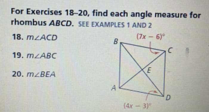 for exercises 18–20, find each angle measure for rhombus (abcd). see ex…
