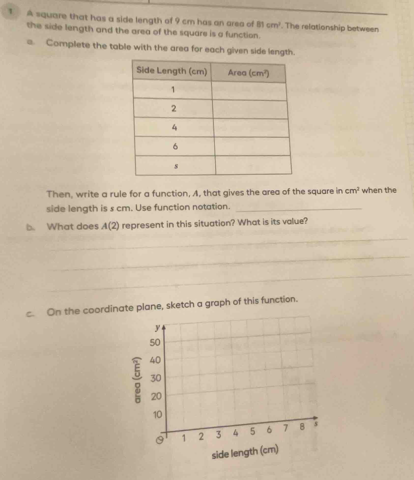 a square that has a side length of 9 cm has an area of 81 cm². the rela…