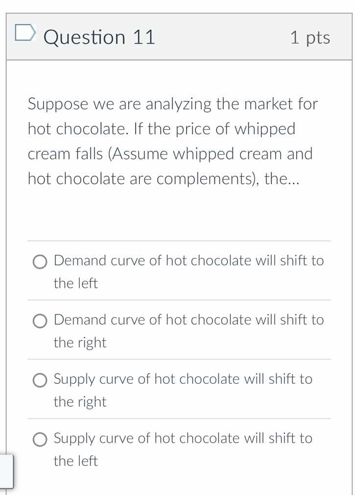 question 11 1 pts suppose we are analyzing the market for hot chocolate…