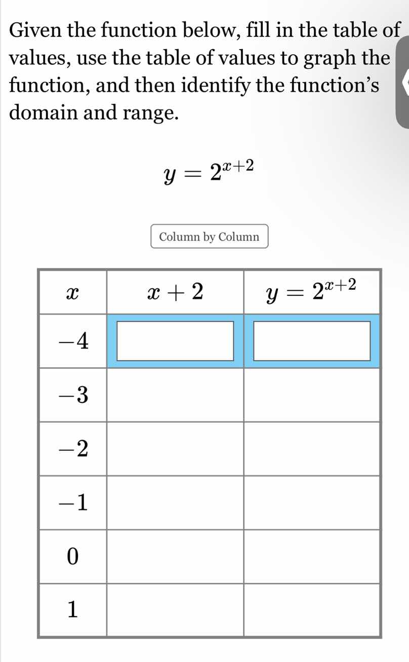 given the function below, fill in the table of values, use the table of…