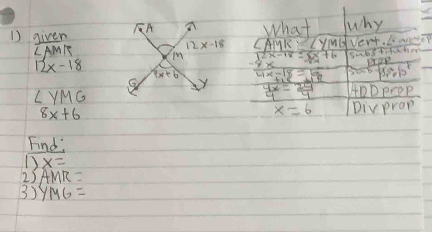 1) given \\( \\angle amr \\) \\( 12x - 18 \\) \\( \\angle ymg \\) \\( 8…