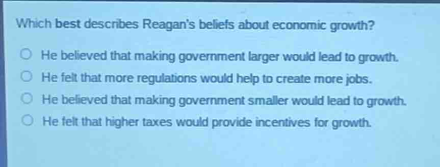 which best describes reagan’s beliefs about economic growth? ○ he belie…