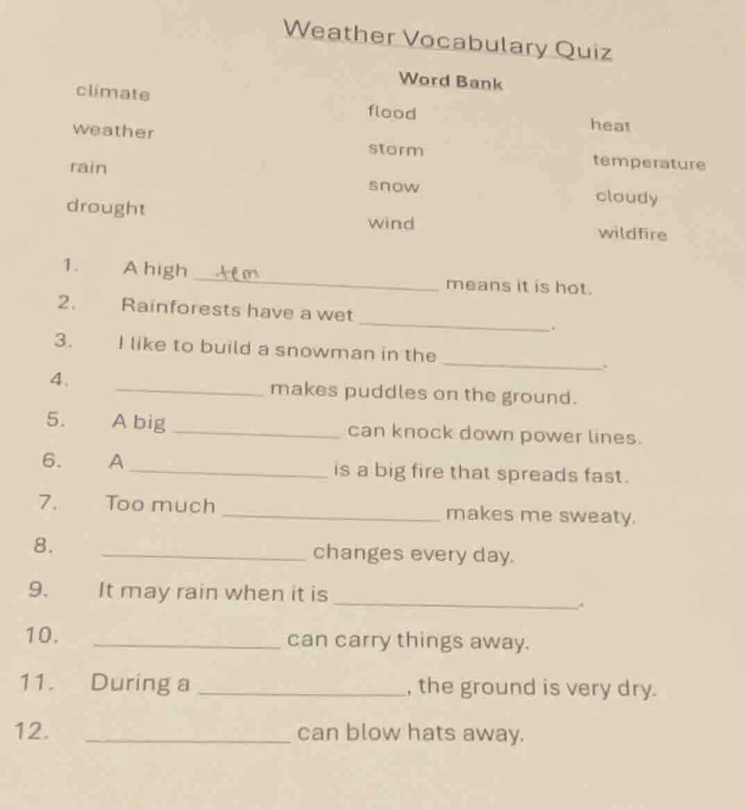 weather vocabulary quiz word bank flood heat storm temperature snow clo…