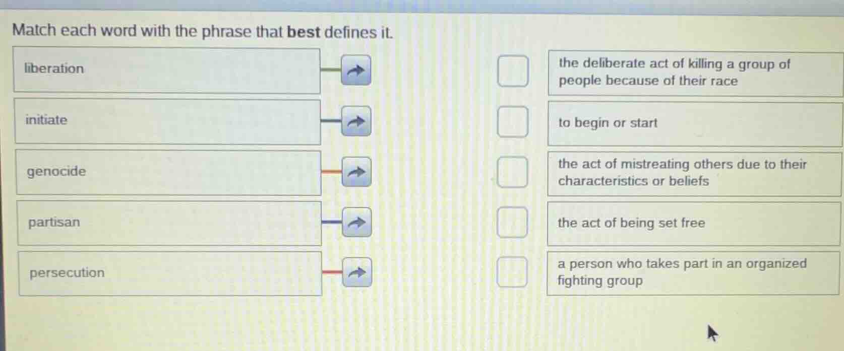 match each word with the phrase that best defines it. liberation initia…