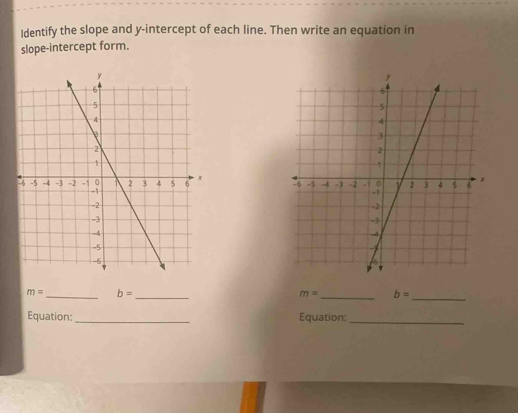 identify the slope and y-intercept of each line. then write an equation…