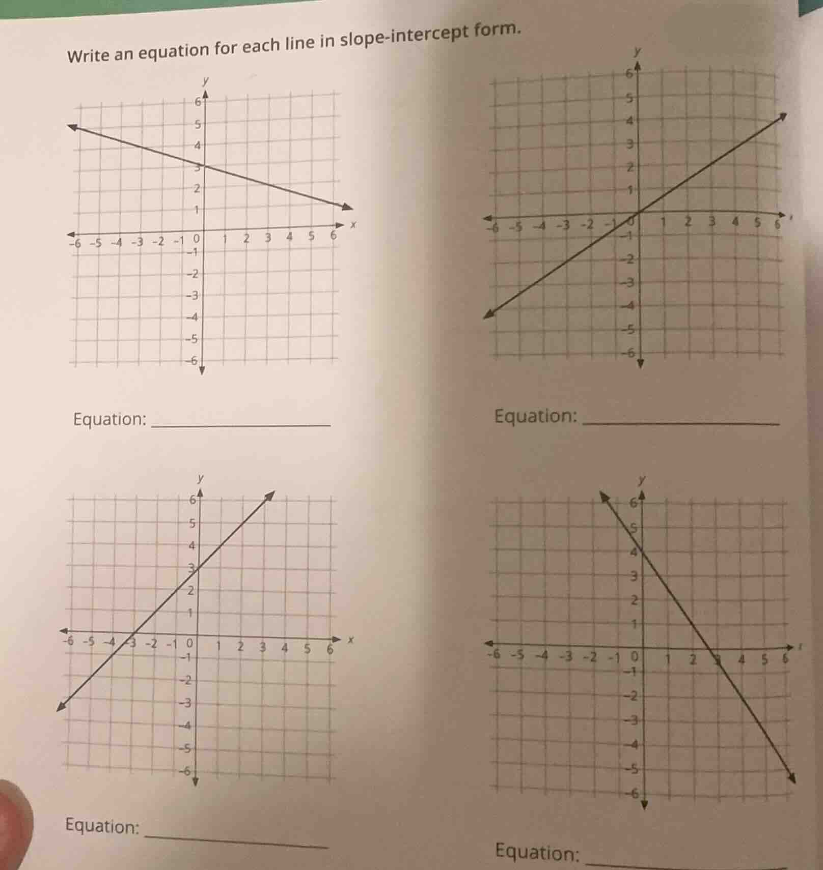 write an equation for each line in slope-intercept form. (first graph: …
