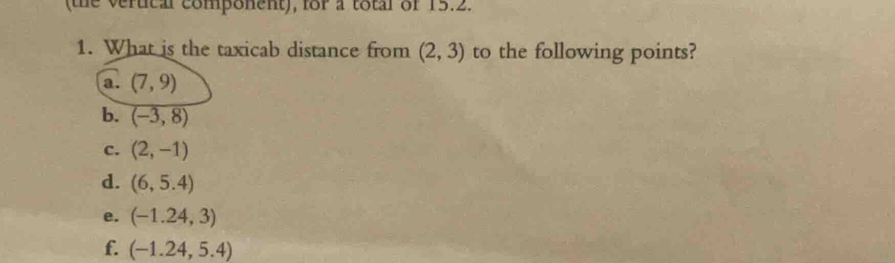 1. what is the taxicab distance from (2, 3) to the following points? a.…