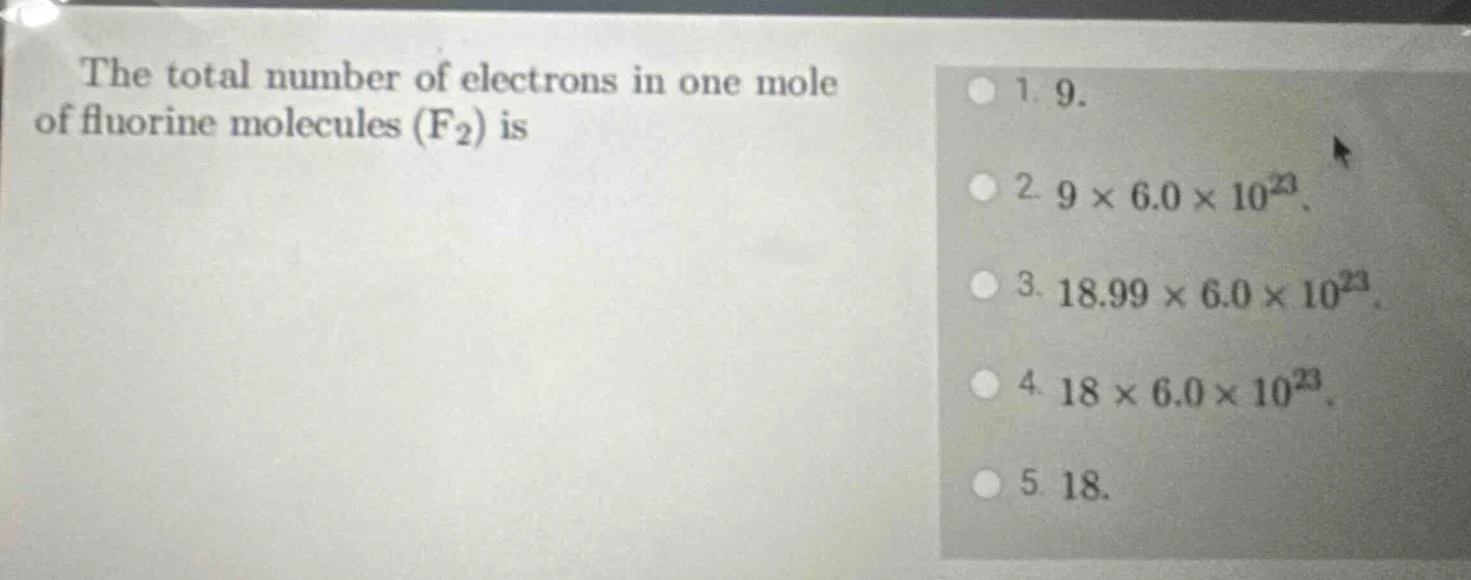 the total number of electrons in one mole of fluorine molecules (f₂) is…