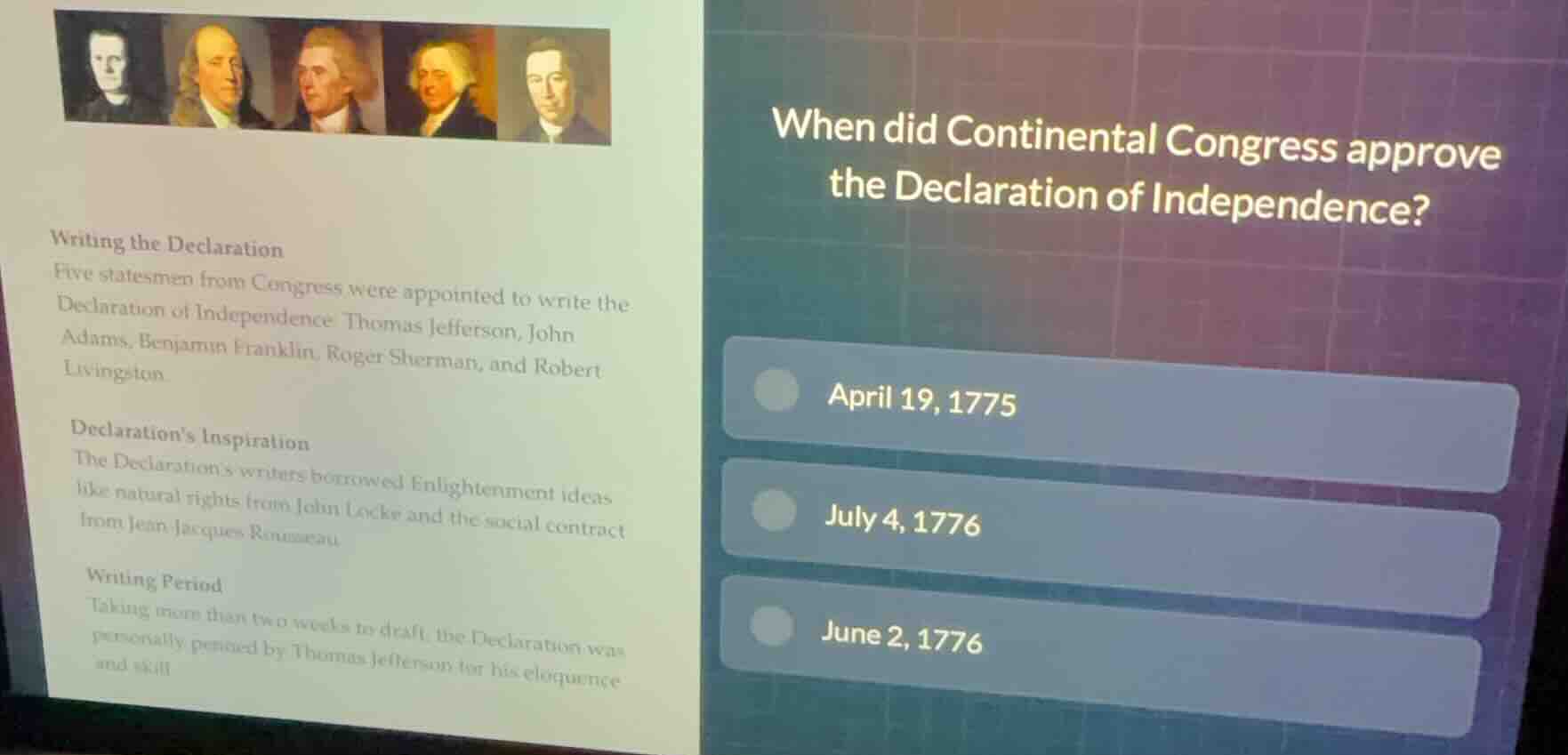 writing the declaration five statesmen from congress were appointed to …
