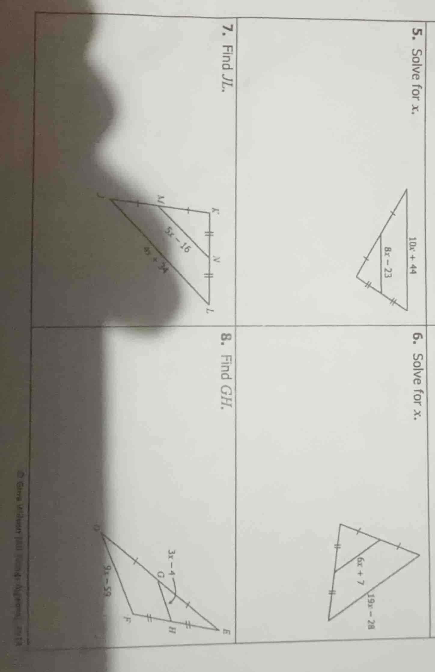 5. solve for x. 7. find jl. 8. find gh. 6. solve for x.