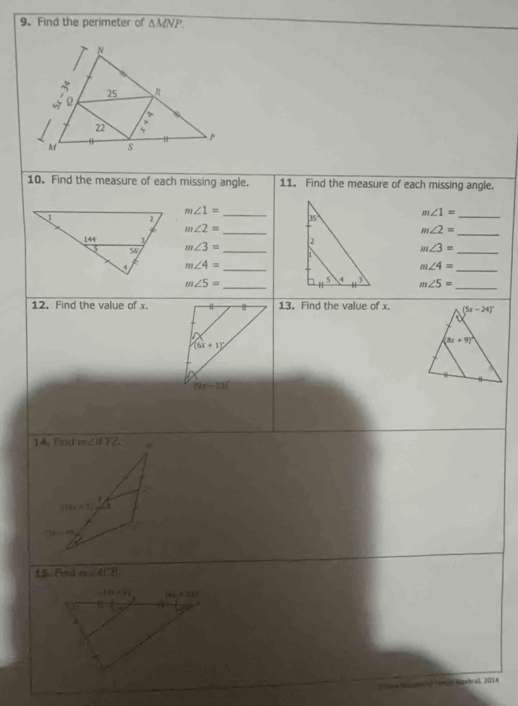 9. find the perimeter of $\\triangle mnp$. 10. find the measure of each…