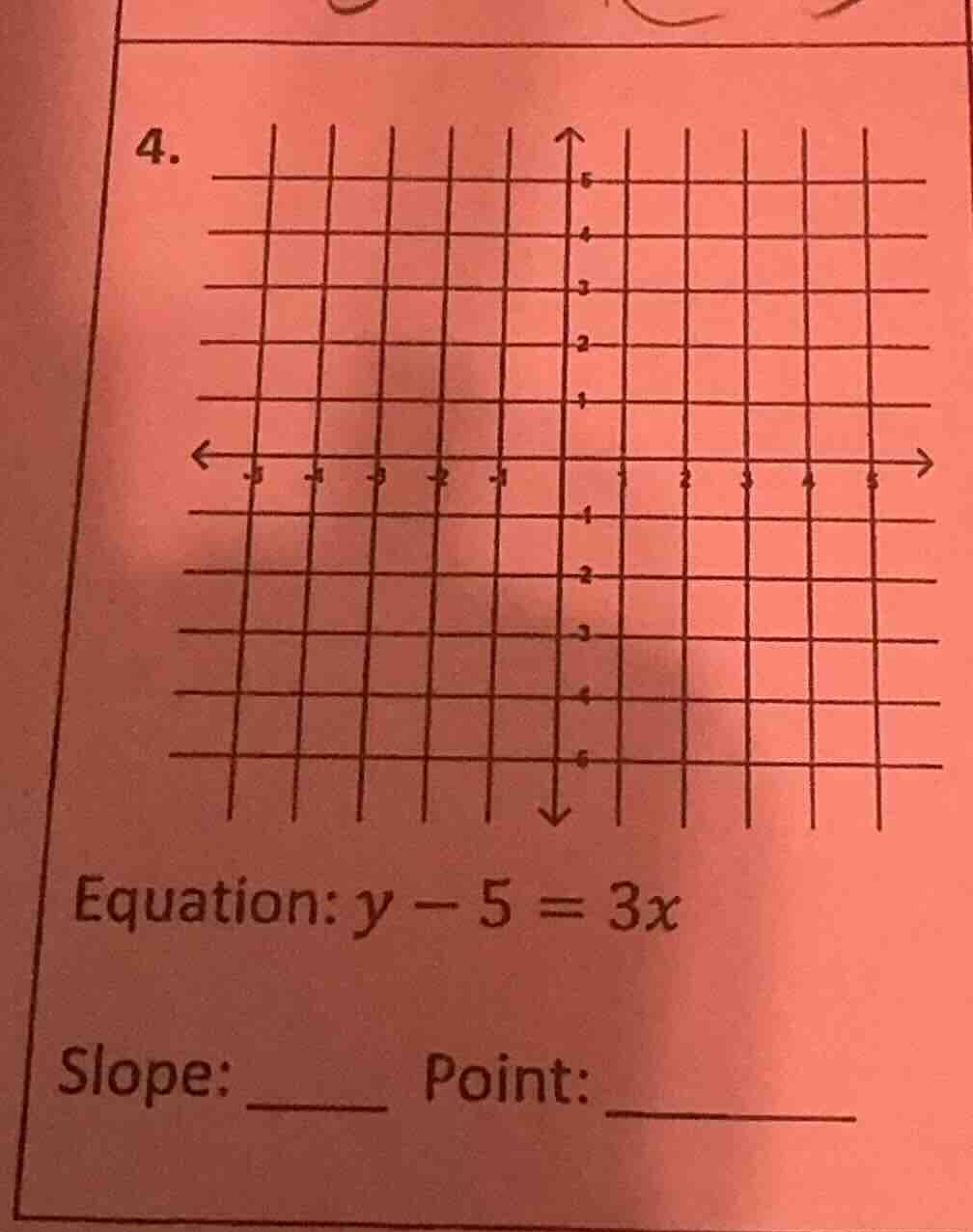 4. equation: $y - 5 = 3x$ slope: ______ point: _______