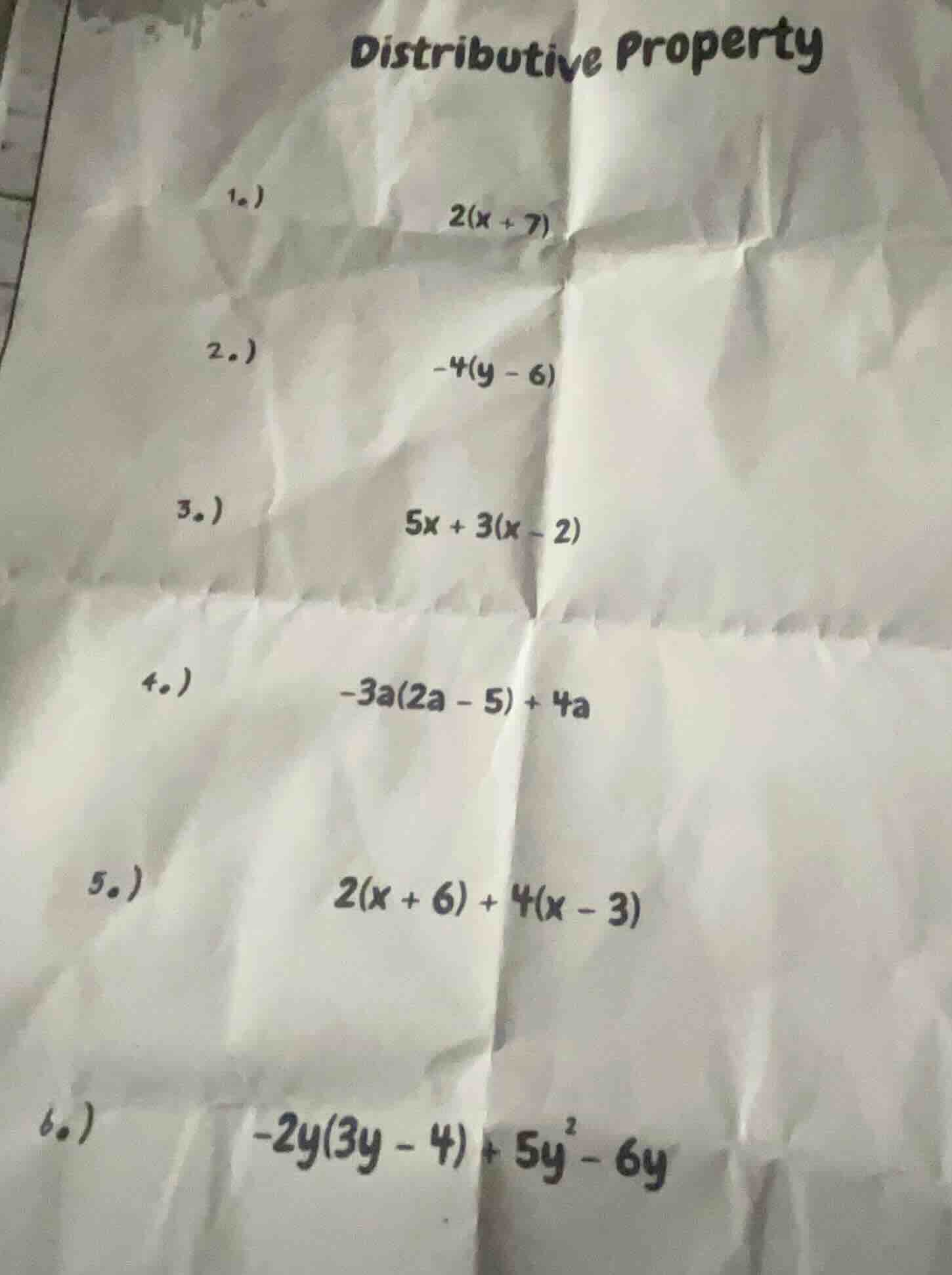 distributive property 1.) 2(x + 7) 2.) -4(y - 6) 3.) 5x + 3(x - 2) 4.) …