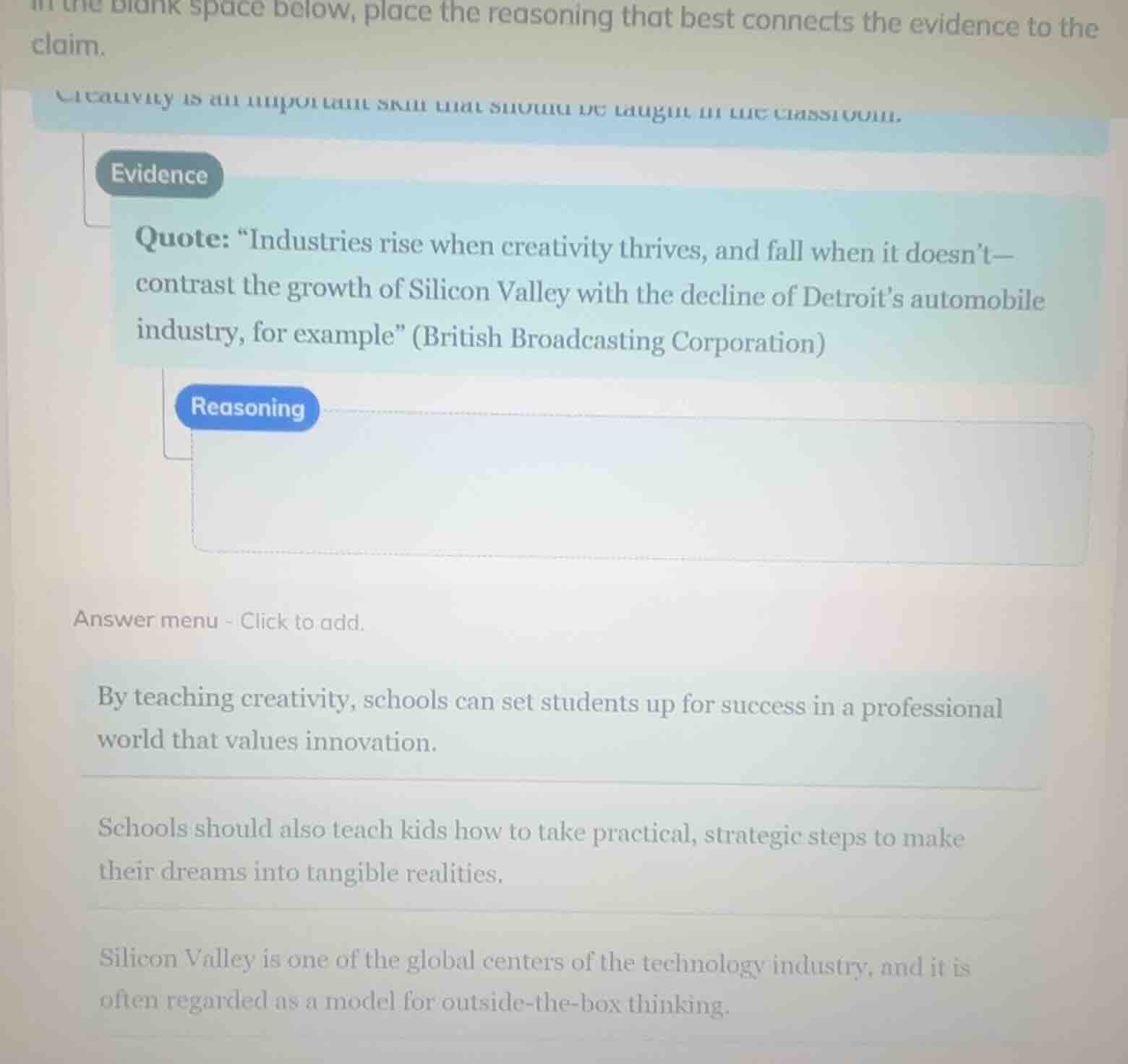 in the blank space below, place the reasoning that best connects the ev…
