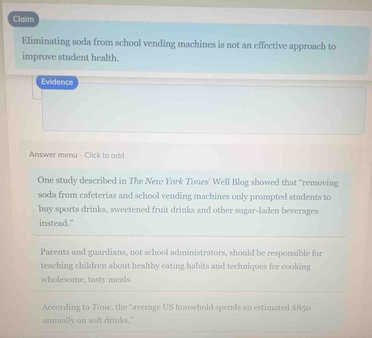 claim eliminating soda from school vending machines is not an effective…