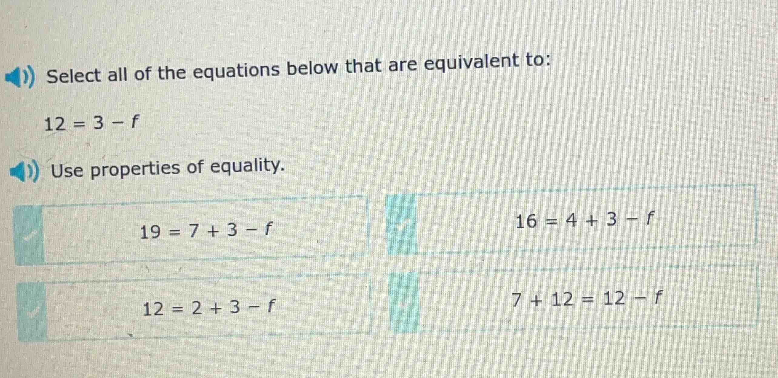 select all of the equations below that are equivalent to: 12 = 3 - f us…