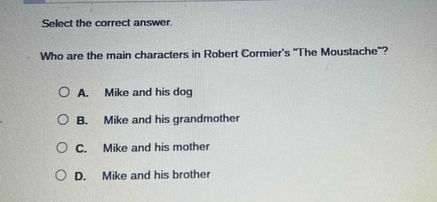 select the correct answer. who are the main characters in robert cormie…