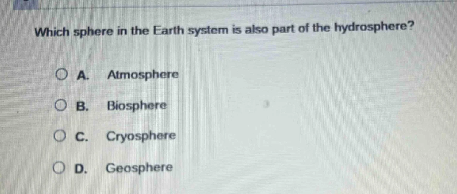 which sphere in the earth system is also part of the hydrosphere? a. at…