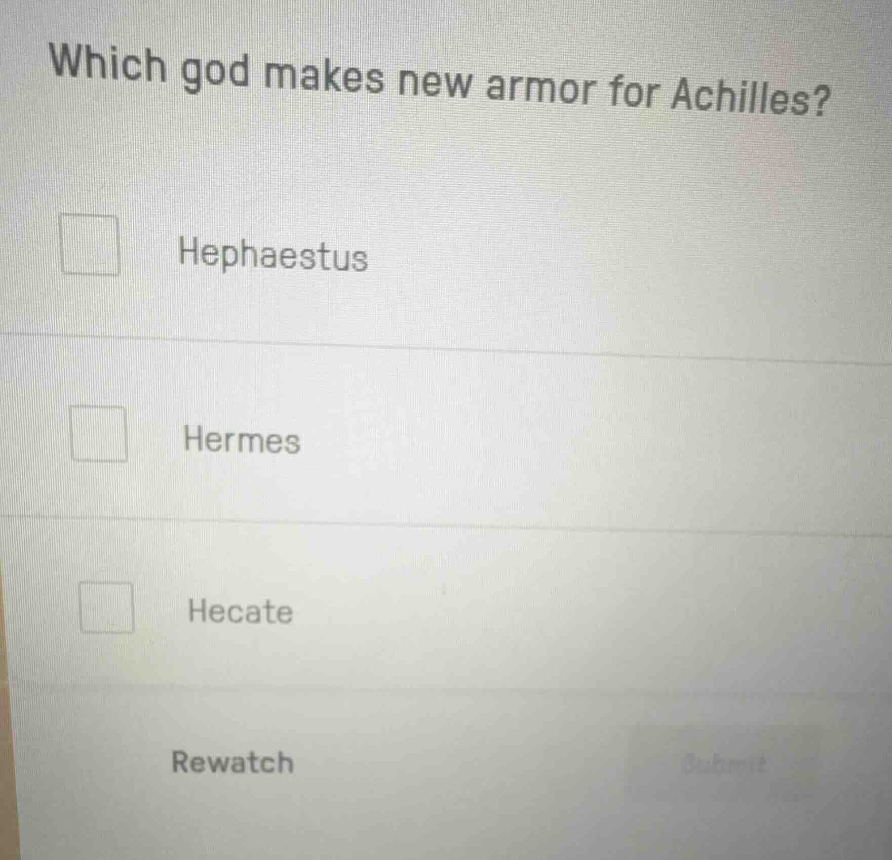 which god makes new armor for achilles? hephaestus hermes hecate rewatch