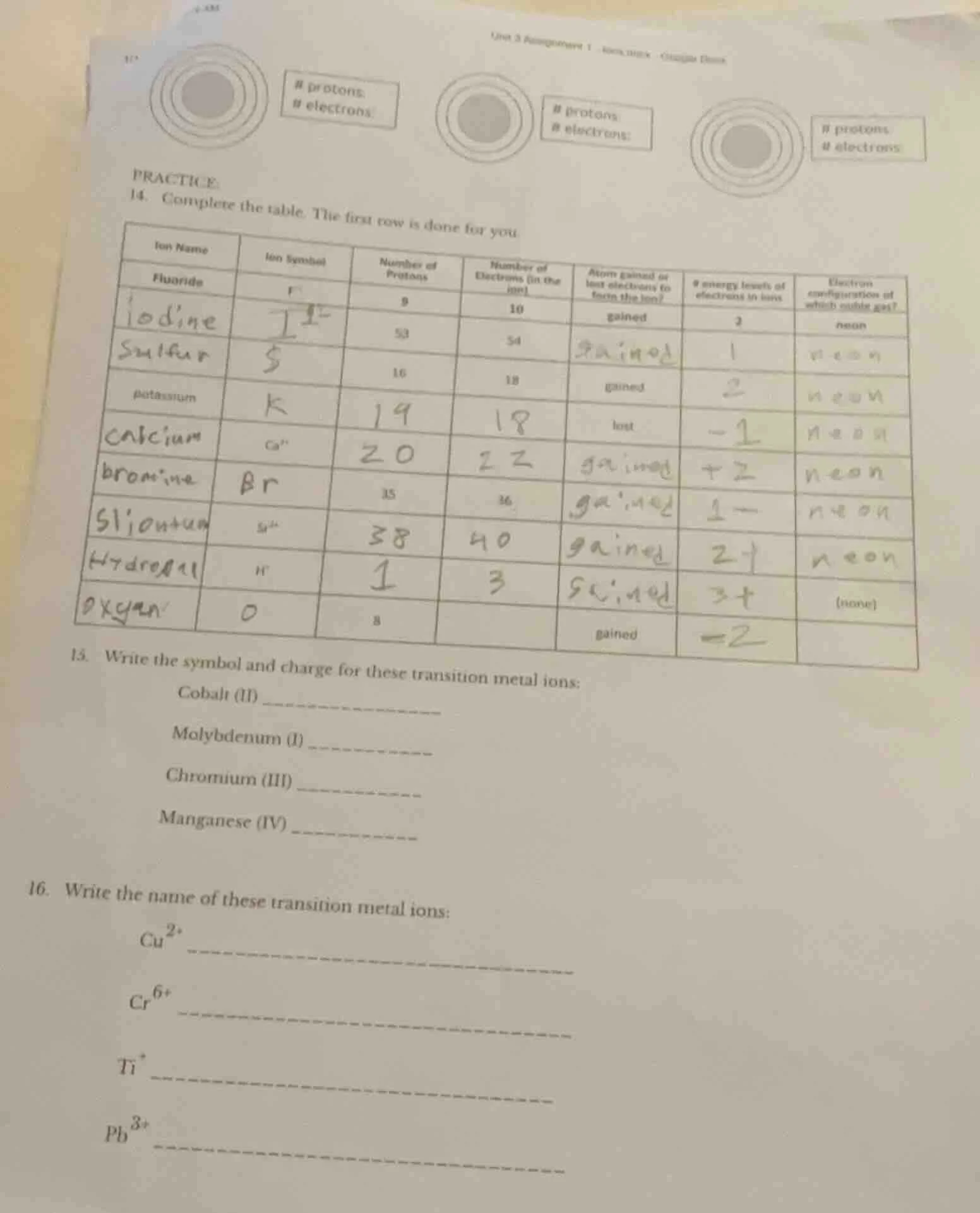 practice 14. complete the table. the first row is done for you. | ion n…