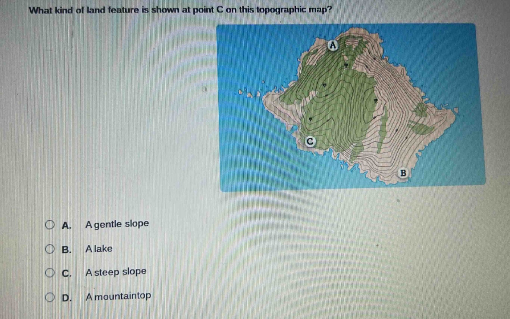 what kind of land feature is shown at point c on this topographic map? …