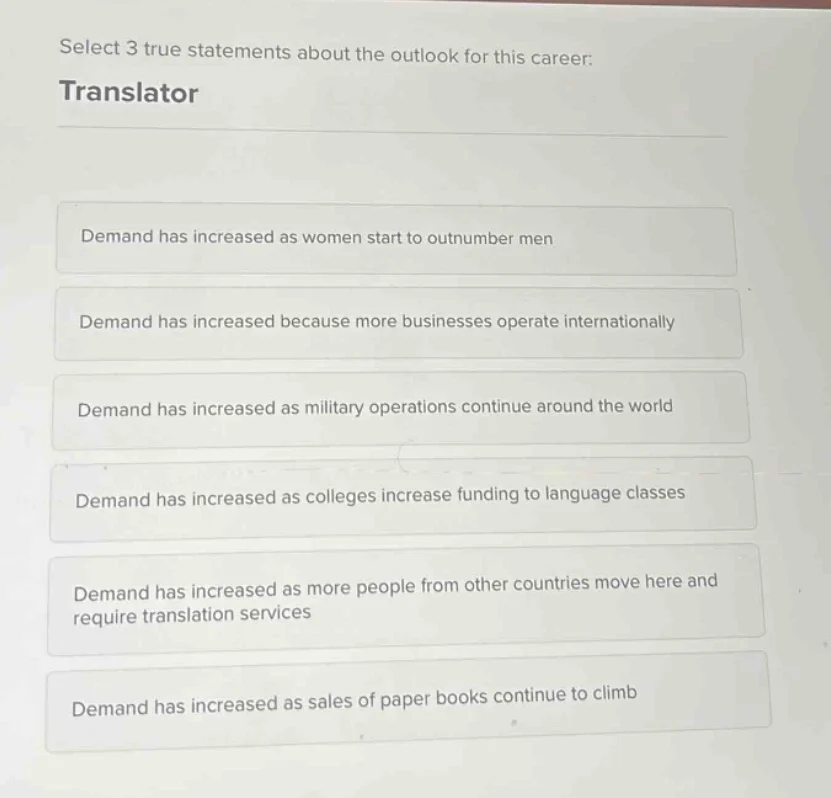 select 3 true statements about the outlook for this career: translator …