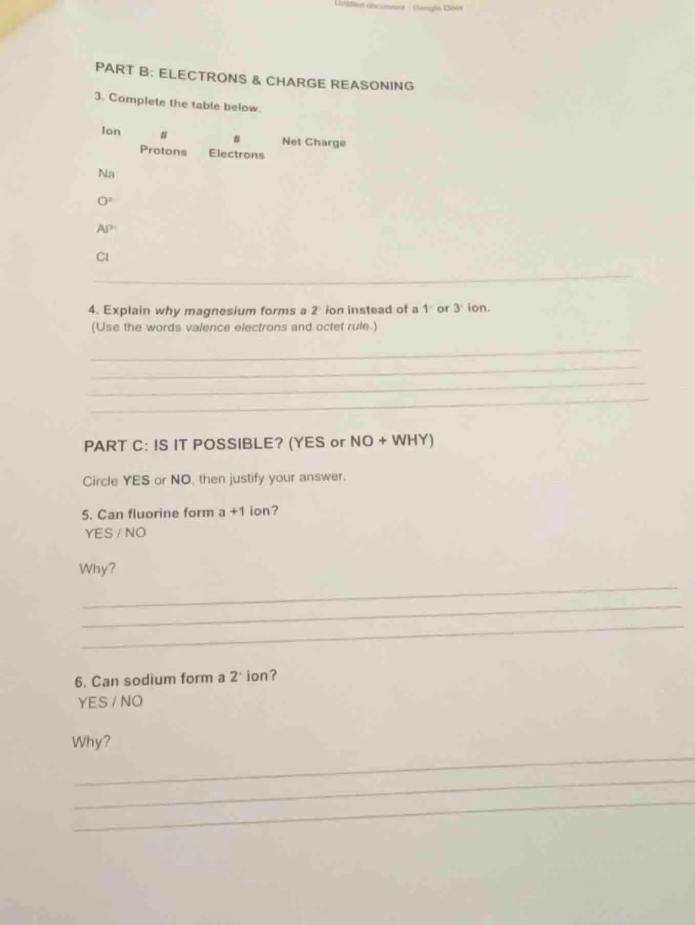 part b: electrons & charge reasoning 3. complete the table below. ion \…