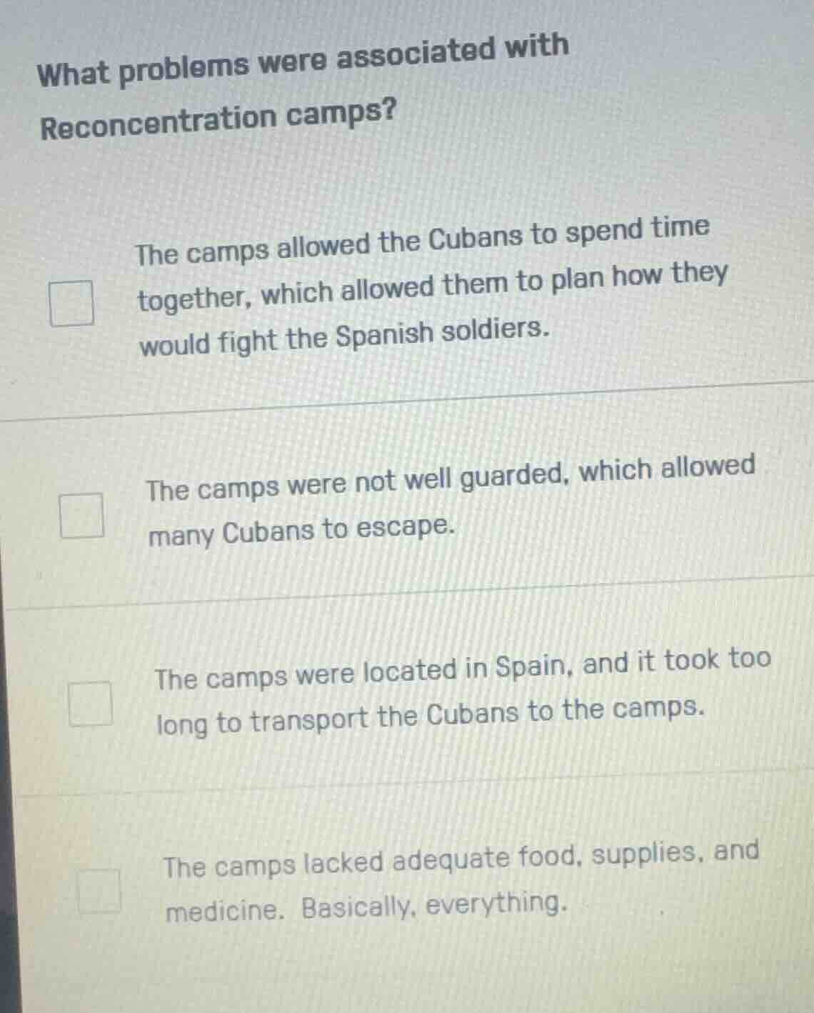 what problems were associated with reconcentration camps? the camps all…
