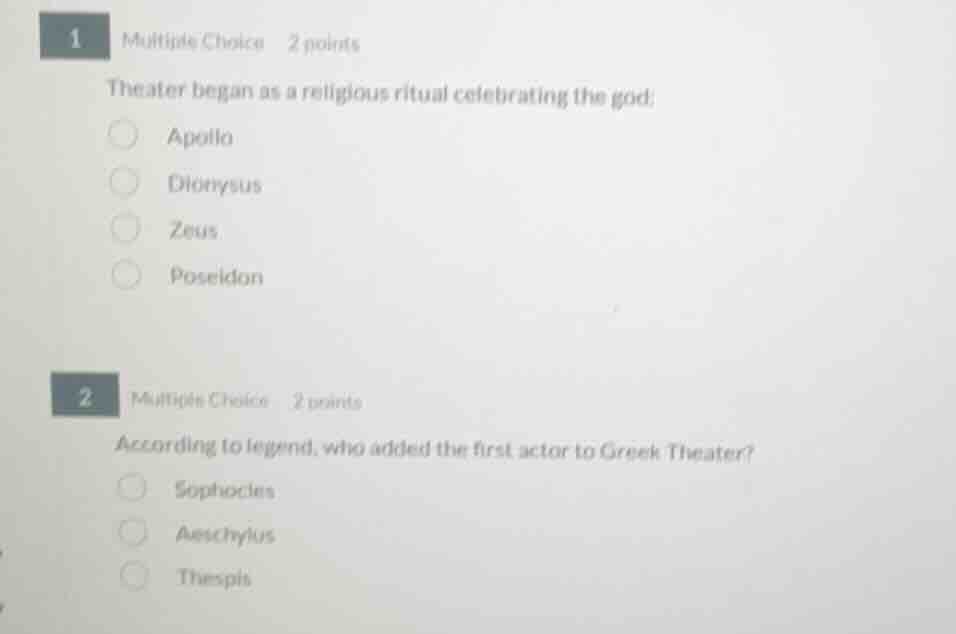 1 multiple choice 2 points theater began as a religious ritual celebrat…