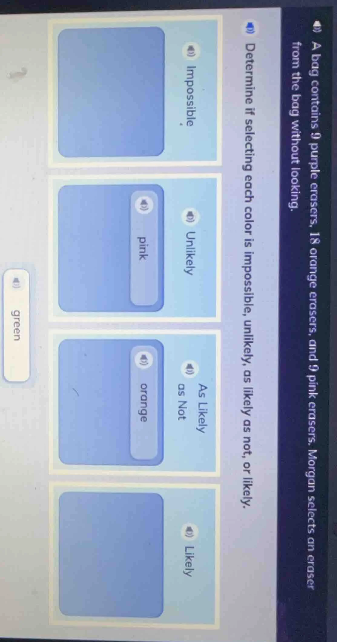 a bag contains 9 purple erasers, 18 orange erasers, and 9 pink erasers.…
