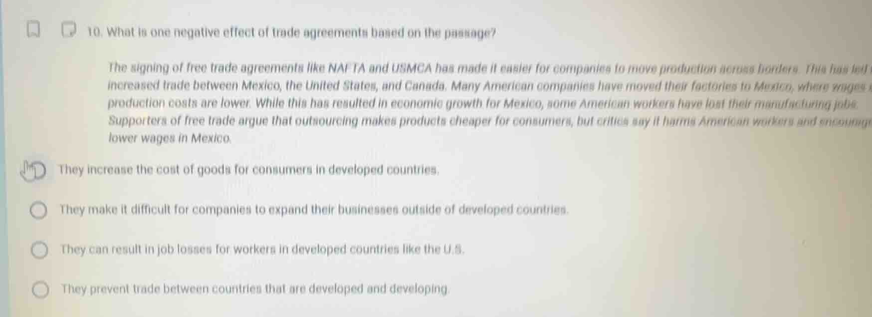 10. what is one negative effect of trade agreements based on the passag…