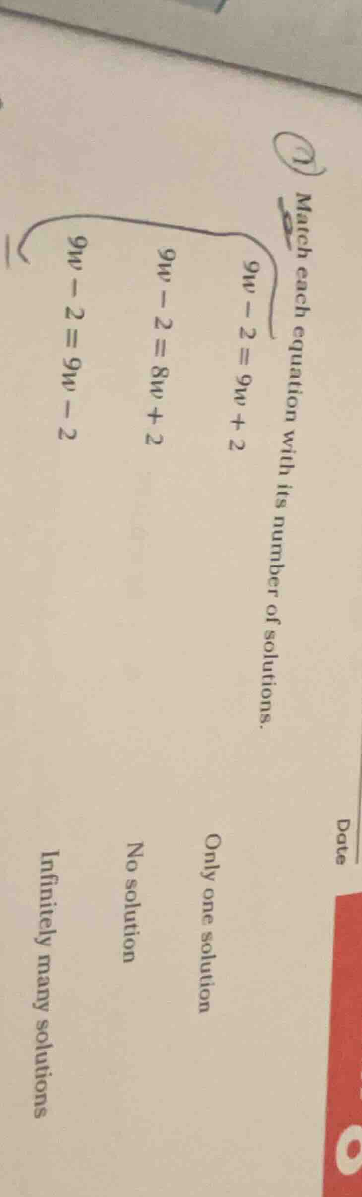 match each equation with its number of solutions. $9w - 2 = 9w + 2$ $9w…