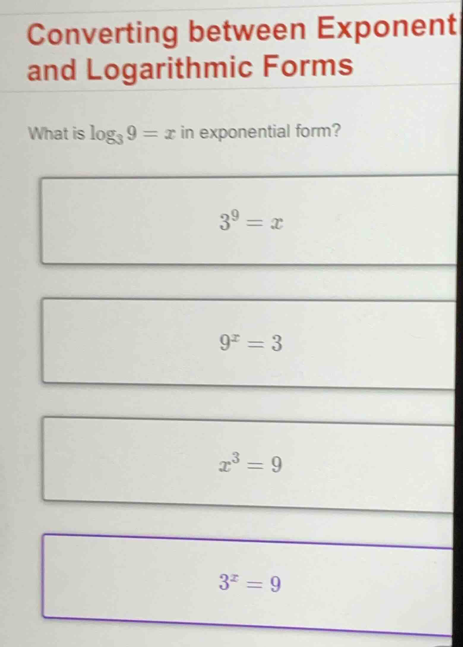 converting between exponent and logarithmic forms what is \\(\\log_{3} …