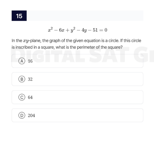 15 $x^2 - 6x + y^2 - 4y - 51 = 0$ in the $xy$-plane, the graph of the g…