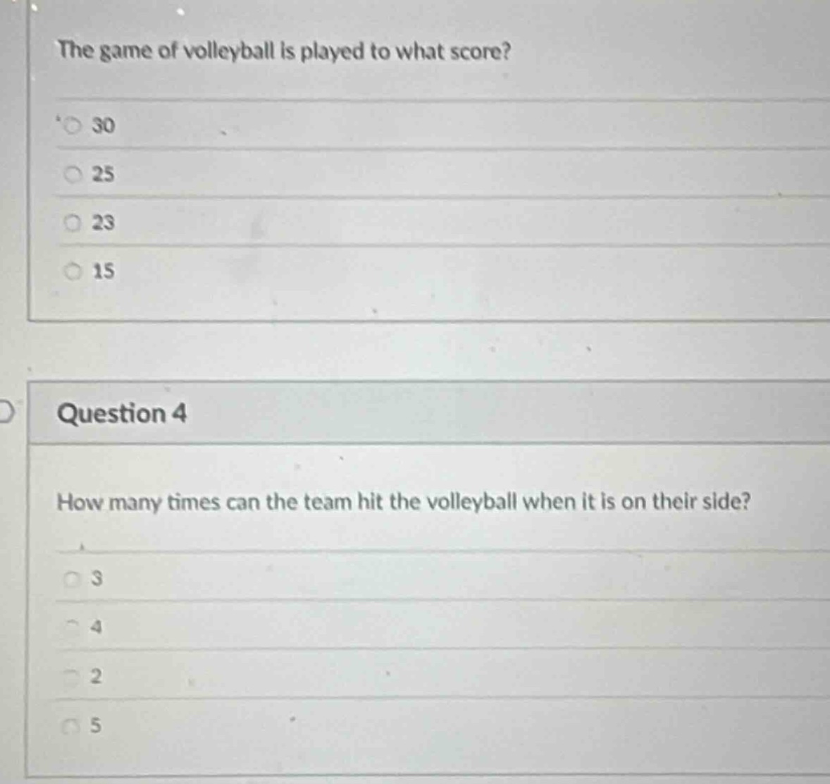 the game of volleyball is played to what score? 30 25 23 15 question 4 …