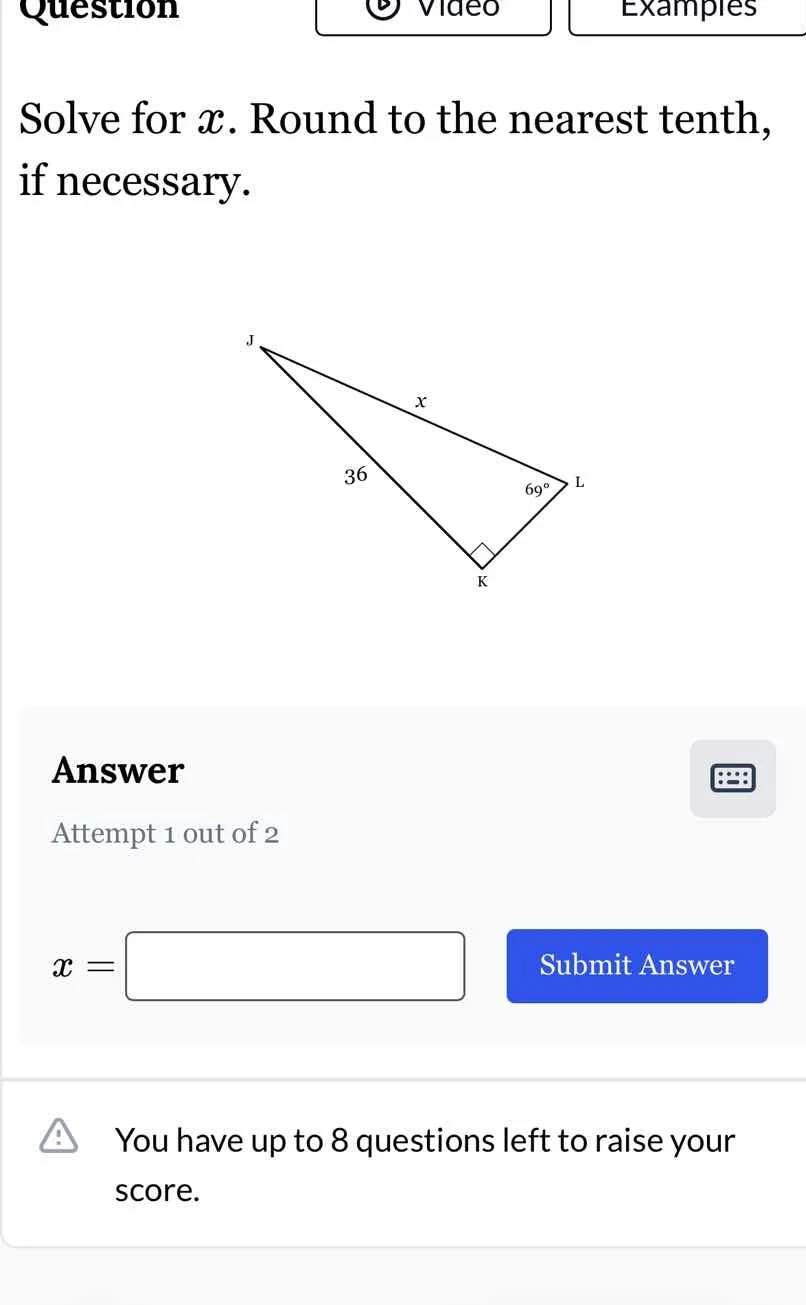 solve for x. round to the nearest tenth, if necessary. triangle image w…