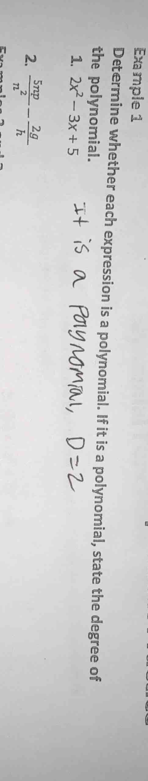 example 1 determine whether each expression is a polynomial. if it is a…