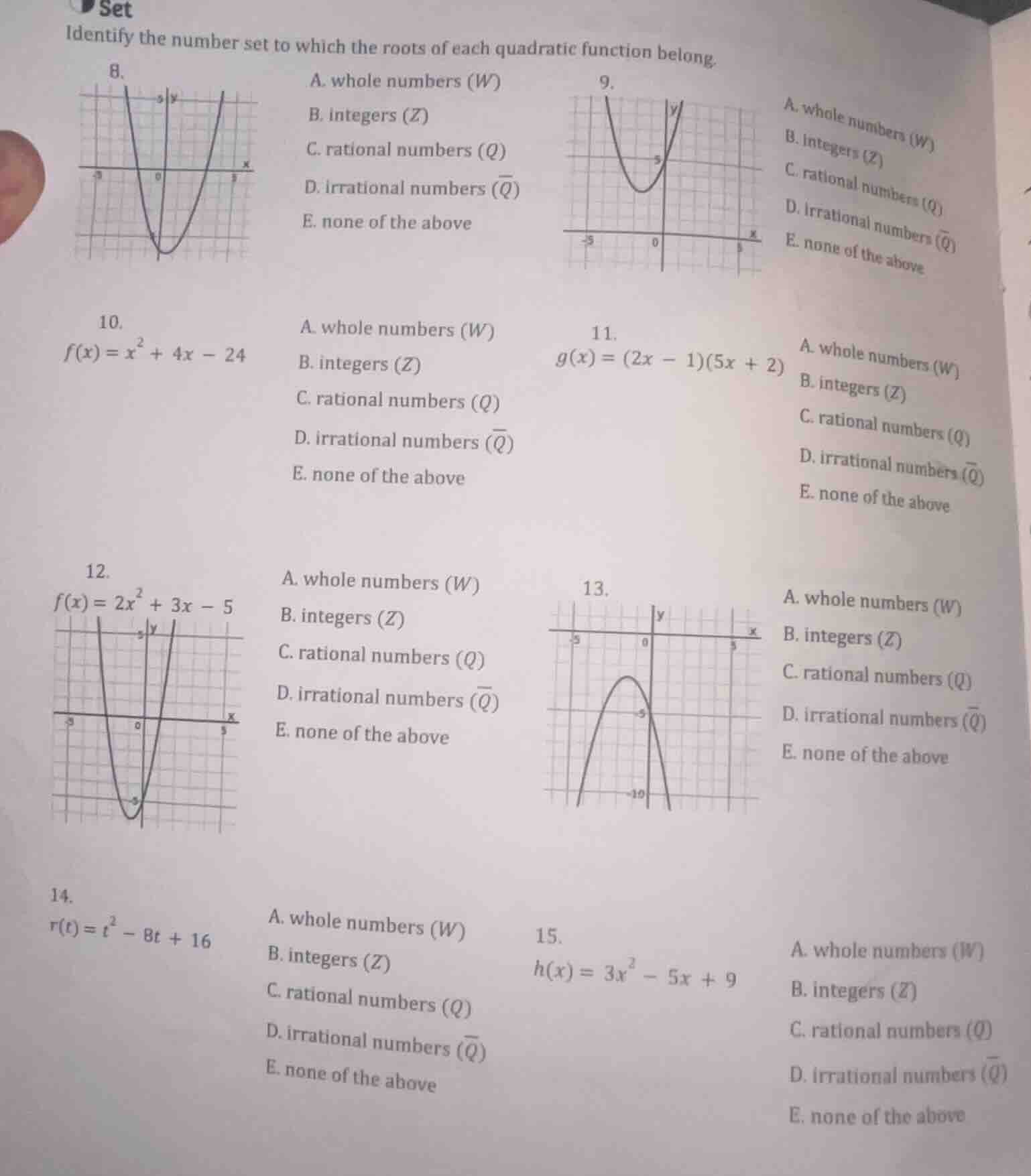 set identify the number set to which the roots of each quadratic functi…