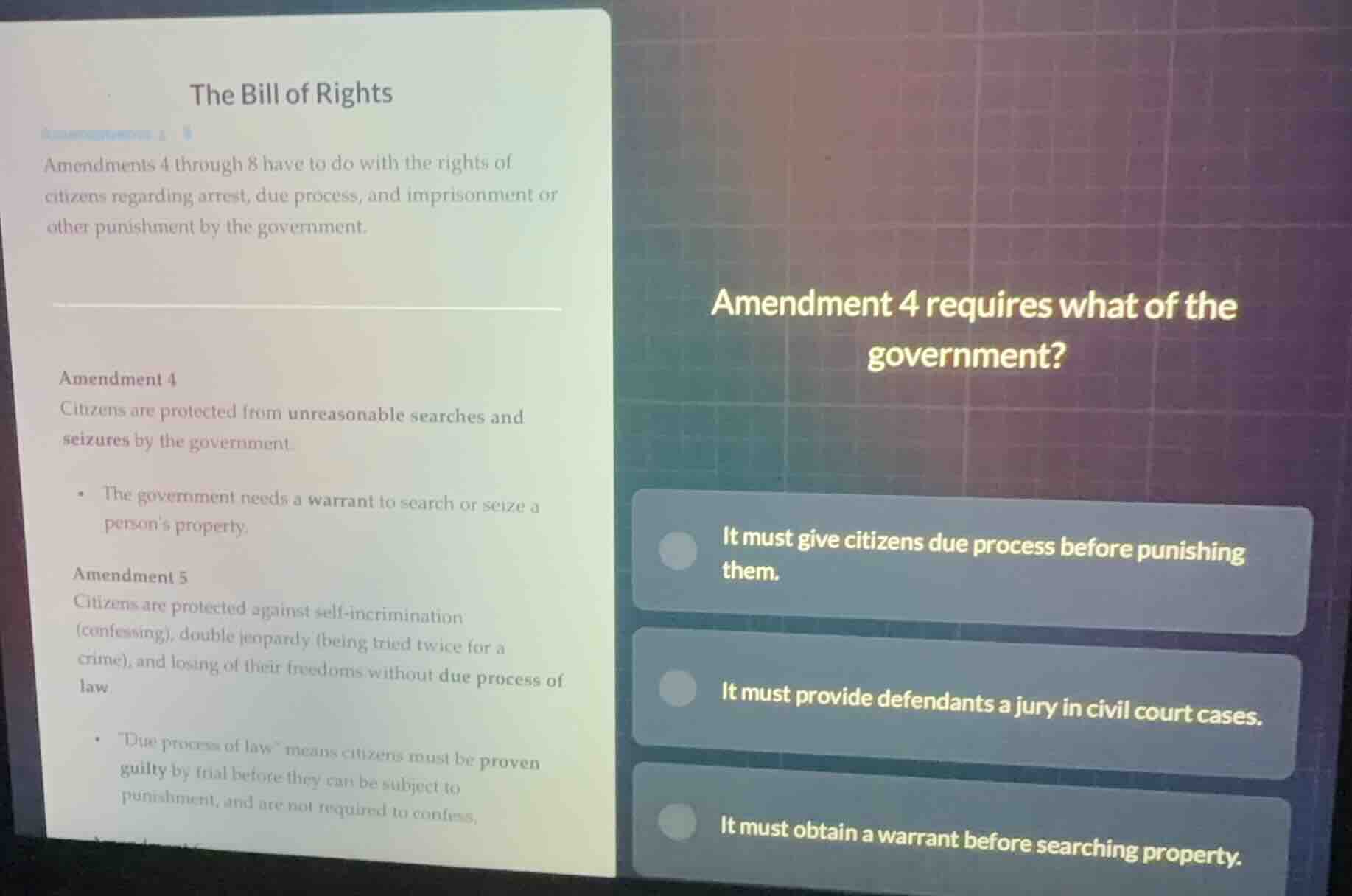 the bill of rights amendments 4 through 8 have to do with the rights of…