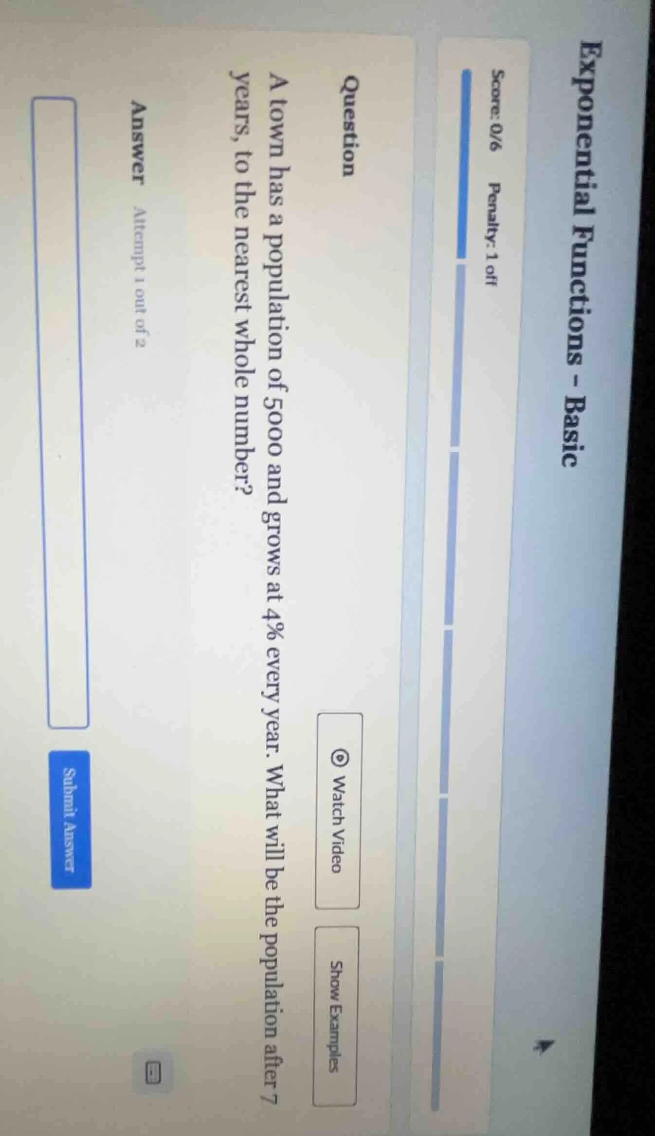 question a town has a population of 5000 and grows at 4% every year. wh…